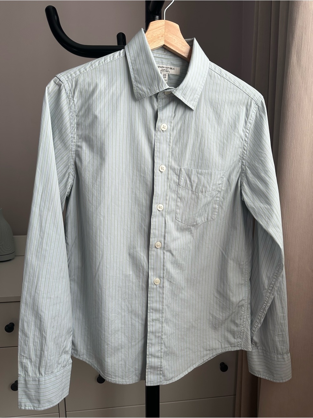 Banana Republic Stand Fit Shirt Light Blue Green Pinstripe Blouse 100% Cotton